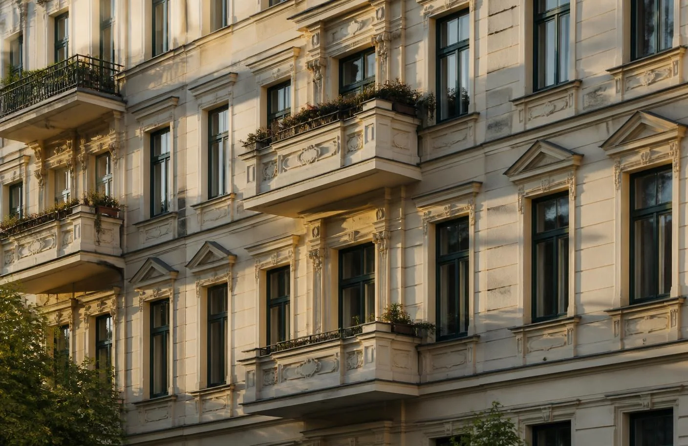 Straßenfassade eines Berliner Gründerzeit-Mietshauses mit Stuck, Balkonen und hohen Sprossenfenstern im Abendlicht