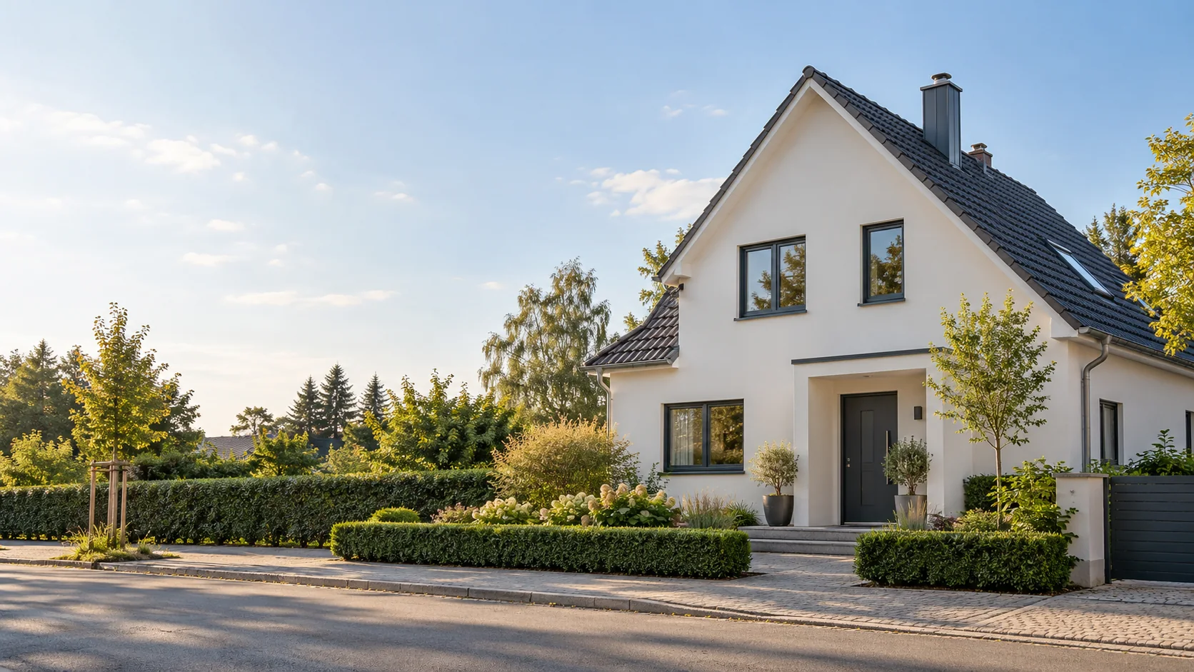 Freistehendes Einfamilienhaus mit Satteldach, hellem Putz und gepflegtem Vorgarten an einer ruhigen Wohnstraße