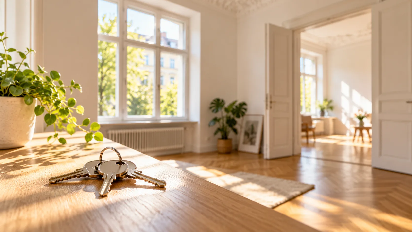 Schlüsselbund auf einem Tisch in einer hellen, renovierten Altbauwohnung