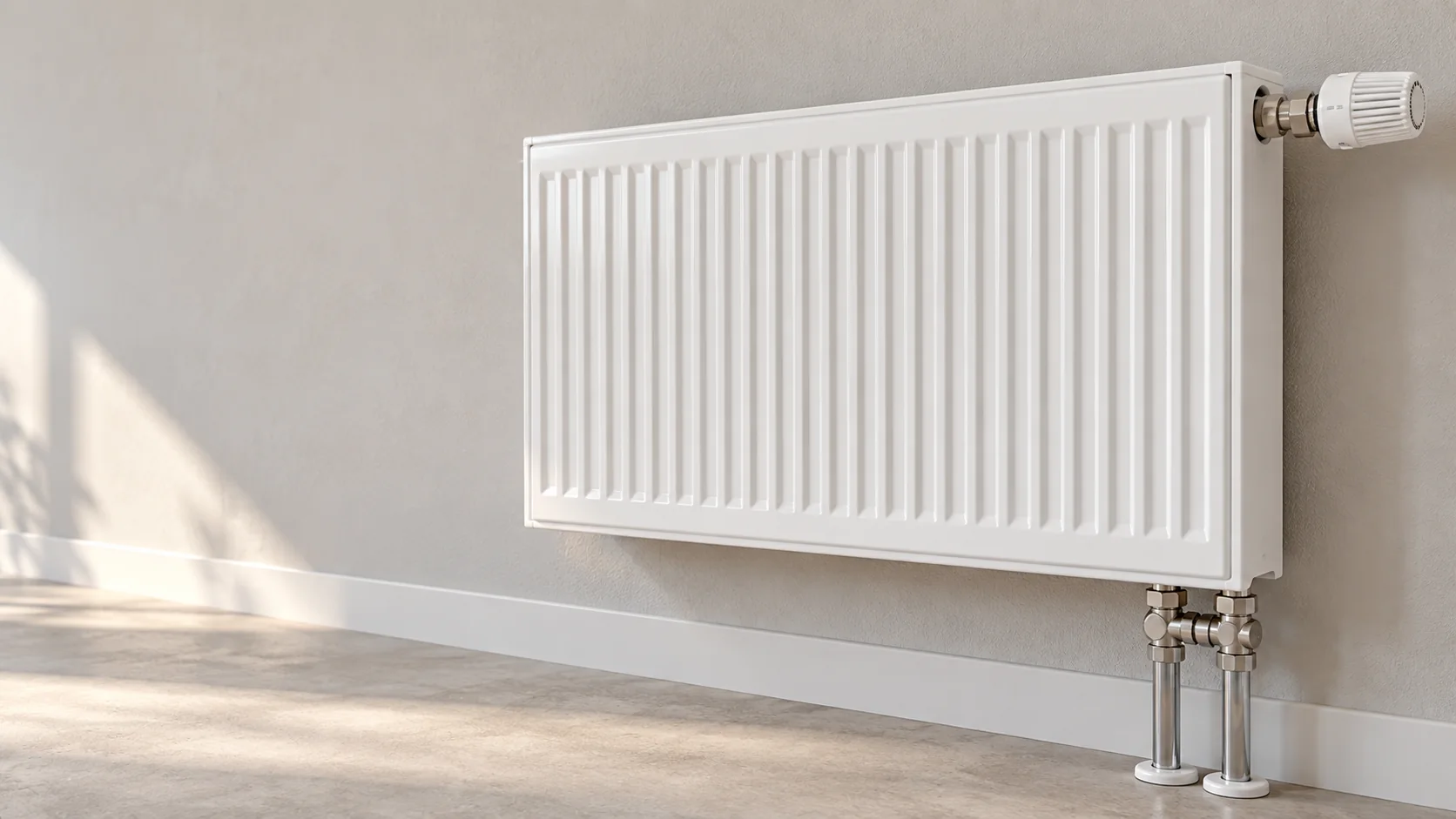Weißer Kompaktheizkörper an einer verputzten Wand mit Thermostatkopf am Ventil, unten zwei Anschlussleitungen aus dem Boden über einen Anschlussblock