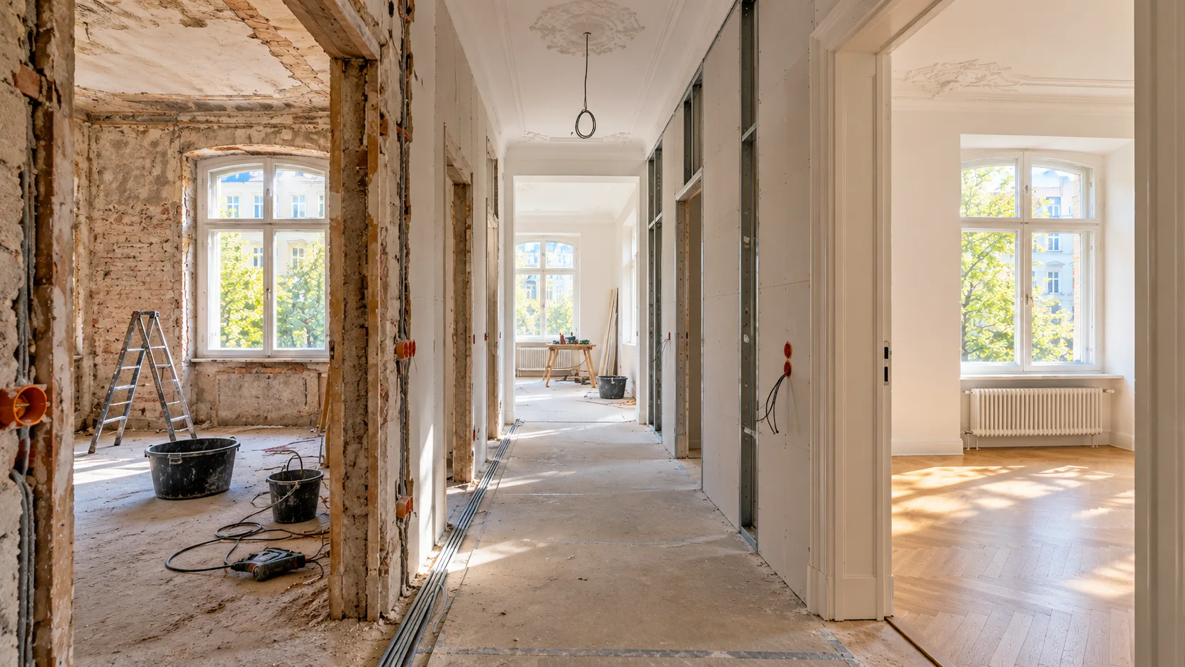 Altbauwohnung während der Sanierung: Rohbau mit freigelegtem Mauerwerk neben einem fertig renovierten Raum mit Parkett